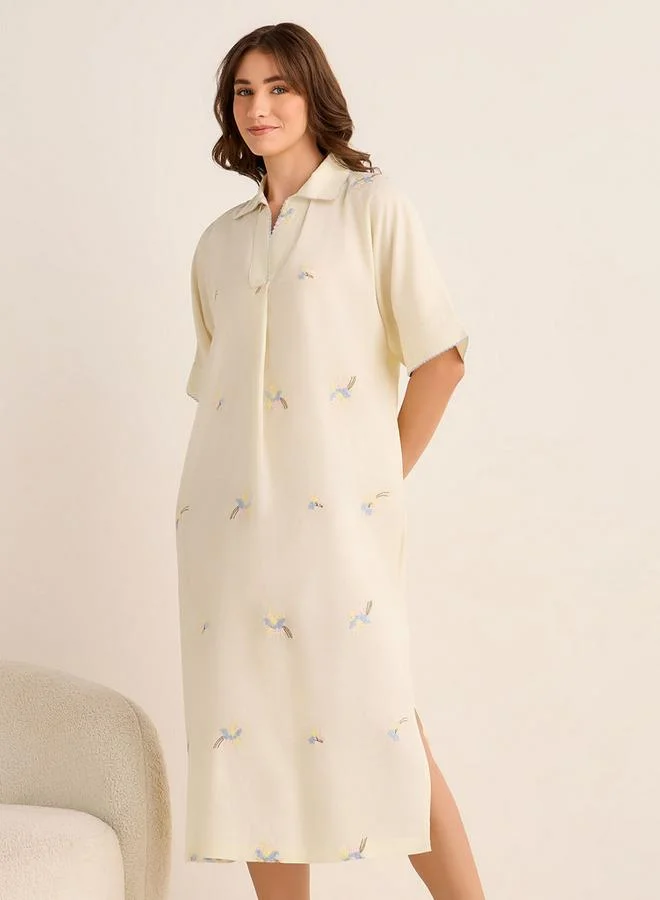 سبلاش فيڤ Night Dress Short Sleeve Floral Embroidery Viscose